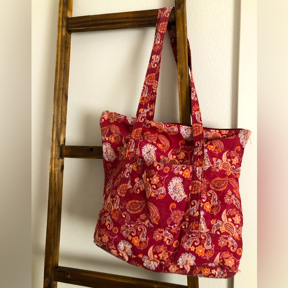 Vintage large paisley styled, red tote purse